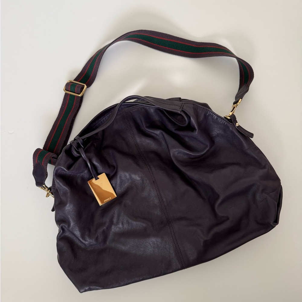 FURLA Deep Purple Leather Hobo/Crossbody/Shoulder Bag with Striped Strap